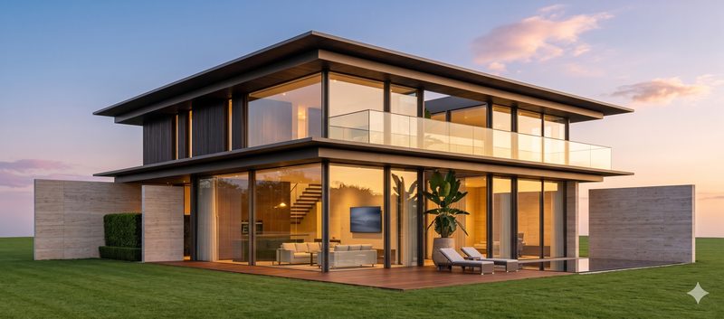 Glass villa at dusk on the cliff